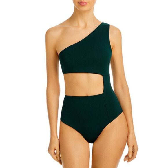 Haight Mika Crepe Cut Out One Shoulder One Piece Swimsuit Pine Green L - Picture 2 of 6